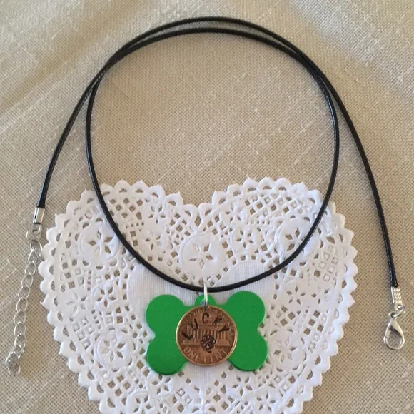 ARTISAN LUCKY Dog Bone Necklace Green Hand Crafted Stamped Shamrock Penny - Picture 7 of 8